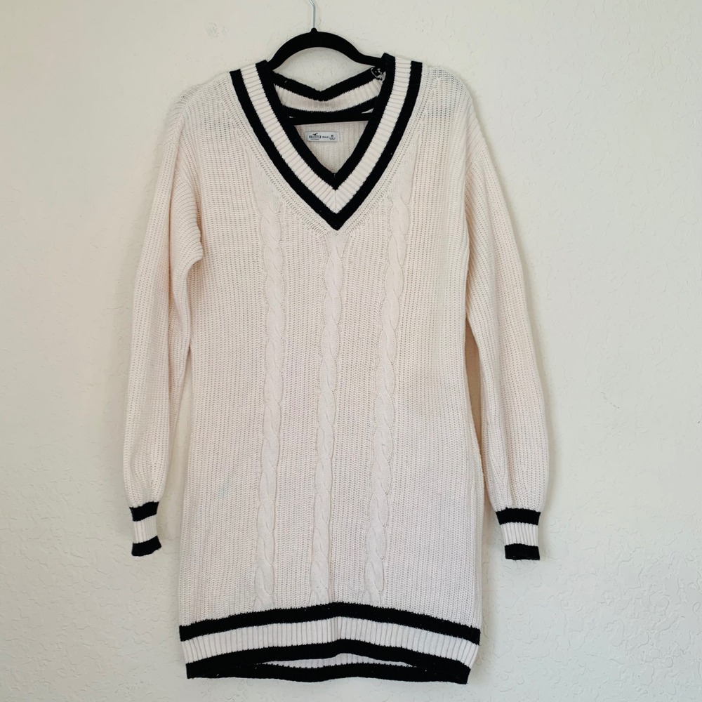 Hollister Sweater Dress Women M White Black Cable Knit V-Neck Varsity Preppy